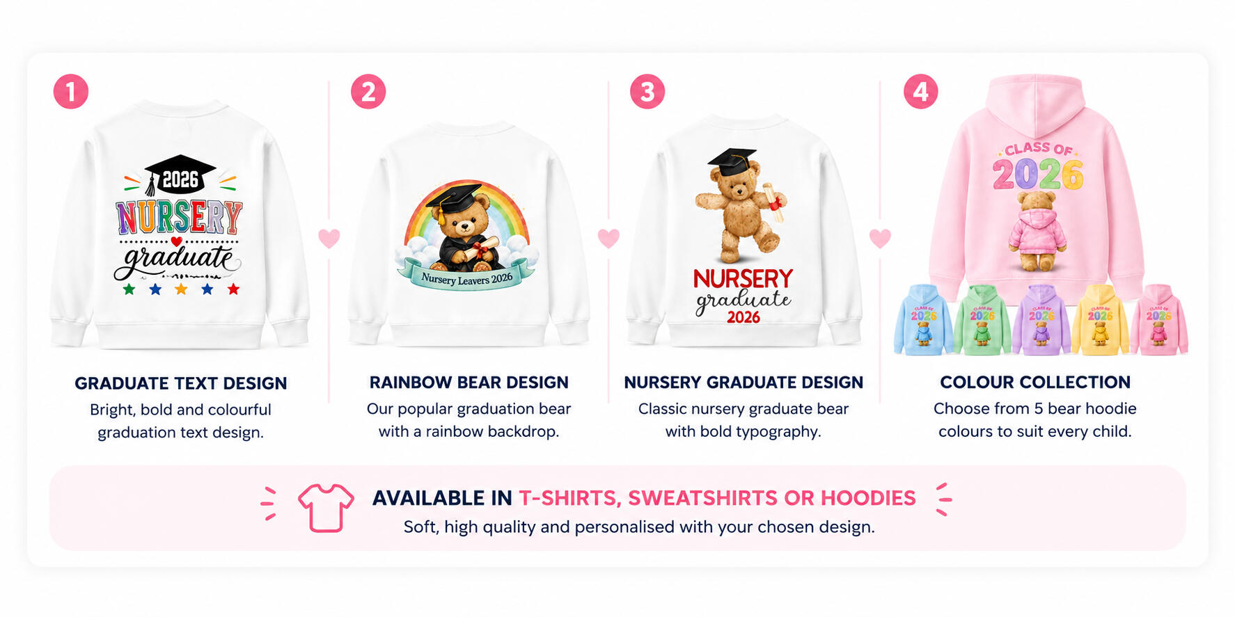Nursery leavers design options featuring graduation text, rainbow bears, graduate bear artwork and colour collections for hoodies, sweatshirts and t-shirts.