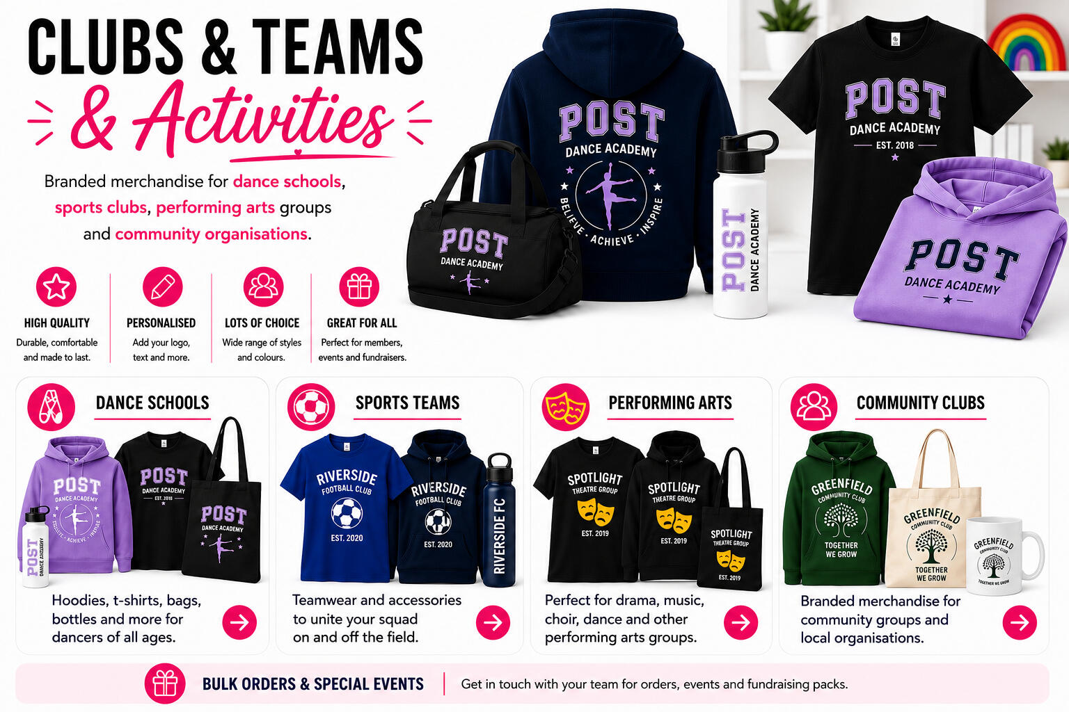 Branded merchandise for dance schools, sports teams, performing arts groups and community clubs, including hoodies, t-shirts, bags, bottles and promotional products.